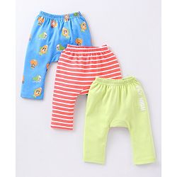 Babyhug Cotton Full Length Diaper Pants Wild Animals & Stripes Print Pack Of 3- Red Green & Blue
