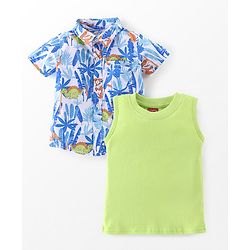 Babyhug 100% Cotton Half Sleeves Leaf Printed Shirt With Solid Inner T-Shirt - White Blue & Green