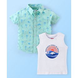 Babyhug 100% Cotton Half Sleeves Palm Tree Print Shirt with T-Shirt - Blue