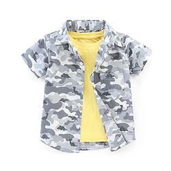 Babyhug 100% Cotton Woven Half Sleeves Regular Collar Camo Printed Shirt with Half Sleeves T-Shirt - Grey & Yellow