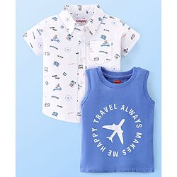 Babyhug 100% Cotton Woven Half Sleeves Shirt with Inner T-Shirt with Always Travel Print - White