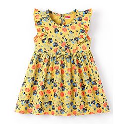 Babyhug 100% Cotton Sleeveless Frock With Bow Applique & Floral Print - Yellow