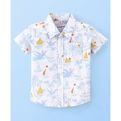 Babyhug 100% Cotton Woven Half Sleeves Regular Collar One Pocket Shirt Tropical Print - White