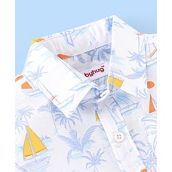Babyhug 100% Cotton Woven Half Sleeves Regular Collar One Pocket Shirt Tropical Print - White