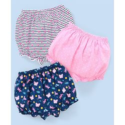 Babyhug Cotton Knit Bloomers Heart & Butterfly Print Pack of 3 - Pink White & Blue