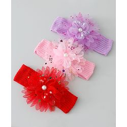 Babyhug Free Size Headbands with Floral Applique Pack of 3 - Red Purple & Pink