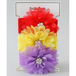 Babyhug Headbands with Flower Applique Free Size Pack of 3 - Yellow & Purple