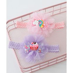 Babyhug Rainbow & Cupcake Bow Applique Headbands Pack Of 2 - Multicolor