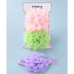 Babyhug Headbands with Flower Applique Free Size Pack of 3 - Purple Green & Pink