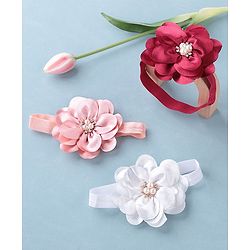 Babyhug Headbands with Flower Applique Free Size Pack of 3 - White Maroon & Pink