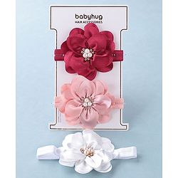Babyhug Headbands with Flower Applique Free Size Pack of 3 - White Maroon & Pink