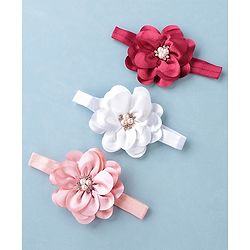 Babyhug Headbands with Flower Applique Free Size Pack of 3 - White Maroon & Pink