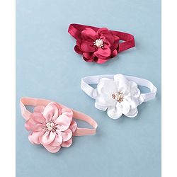Babyhug Headbands with Flower Applique Free Size Pack of 3 - White Maroon & Pink