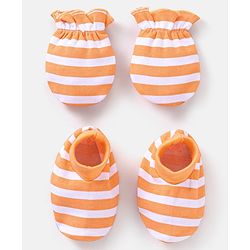 Babyhug 100% Cotton Striped Mittens & Booties Set - Orange