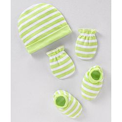 Babyhug 100% Cotton Striped Cap Mittens & Booties - Cap Diameter 10 cm