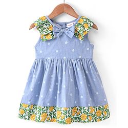 Babyhug Cotton Woven Sleeveless Frock With Dots Print & Bow Applique - Blue