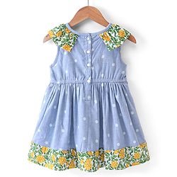 Babyhug Cotton Woven Sleeveless Frock With Dots Print & Bow Applique - Blue