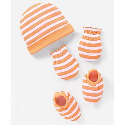 Babyhug 100% Cotton Cap Mittens And Booties Set Stripes Pattern Orange - Diameter 10 cm
