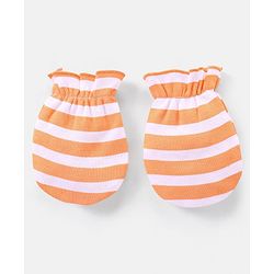 Babyhug 100% Cotton Cap Mittens And Booties Set Stripes Pattern Orange - Diameter 10 cm