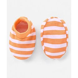 Babyhug 100% Cotton Cap Mittens And Booties Set Stripes Pattern Orange - Diameter 10 cm