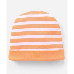 Babyhug 100% Cotton Cap Mittens And Booties Set Stripes Pattern Orange - Diameter 10 cm