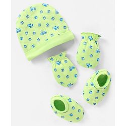 Babyhug 100% Cotton Cap Mittens And Booties Set Airplane Pattern Green - Diameter 12.5 cm