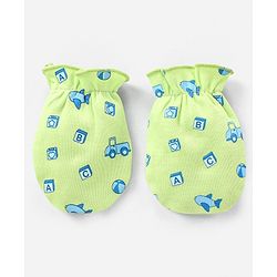 Babyhug 100% Cotton Cap Mittens And Booties Set Airplane Pattern Green - Diameter 12.5 cm