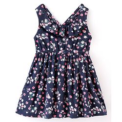 Babyhug Seer Sucker Woven Sleeveless Frock with Cotton Lining Floral Print - Navy