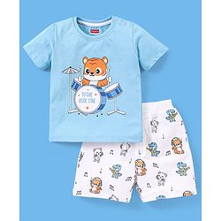 Babyhug Cotton Half Sleeves T-Shirt and Knee Length Shorts Tiger Print - Light Blue & White
