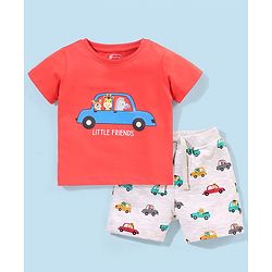 Babyhug Terry Cotton Half Sleeves T-shirt and Shorts Car Print - Red & White