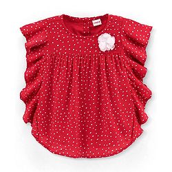 Babyhug 100% Rayon Half Sleeves Top With Corsage Detailing & Dot Print - Red