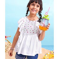 Babyhug 100% Rayon Half Sleeves Top Floral Embroidery & Frill Detailing - White