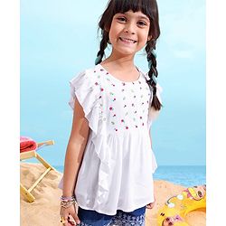 Babyhug 100% Rayon Half Sleeves Top Floral Embroidery & Frill Detailing - White