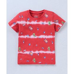 Babyhug Cotton Half Sleeves T-Shirt With Tie Dye & Dino Print- Red
