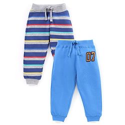 Babyhug Cotton Full Length Lounge Pant Stripes & Number Print Pack of 2- Blue & Grey