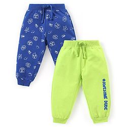 Babyhug Cotton Full Length Text Print Lounge Pants Pack of 2 - Blue & Lime
