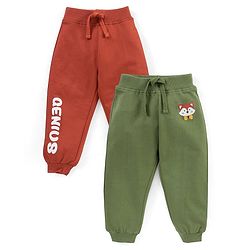 Babyhug Cotton Looper Knit Full Length Lounge Pants Pack of 2 Text Print - Green & Maroon