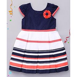 Babyhug Short Sleeves Frock Flower Applique - Navy White