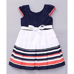 Babyhug Short Sleeves Frock Flower Applique - Navy White