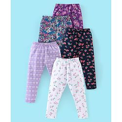 Babyhug Cotton Lycra Knit Full Length Leggings Pack of 5 - Black White & Purple