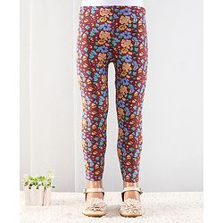 Babyhug Cotton Elastic Knit Full Length Leggings Floral Print - Maroon