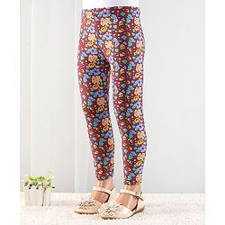 Babyhug Cotton Elastic Knit Full Length Leggings Floral Print - Maroon