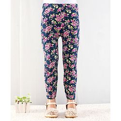 Babyhug Cotton Lycra Full Length Floral Printed Leggings - Navy Blue