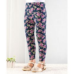Babyhug Cotton Lycra Full Length Floral Printed Leggings - Navy Blue
