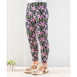 Babyhug Cotton Lycra Full Length Floral Printed Leggings - Navy Blue