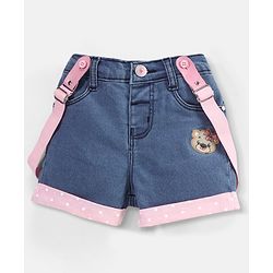 Babyhug Cotton Above Knee Length Washed Denim Stretchable Shorts Teddy Patch - Blue