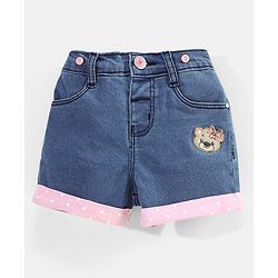 Babyhug Cotton Above Knee Length Washed Denim Stretchable Shorts Teddy Patch - Blue