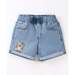Babyhug Cotton Stretched Mid Thigh Length Teddy Patch Shorts  - Blue