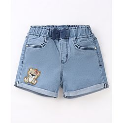 Babyhug Cotton Stretched Mid Thigh Length Teddy Patch Shorts  - Blue