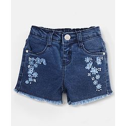 Babyhug Cotton Above Knee Length Washed Denim Stretchable Shorts Floral Embroidered - Blue